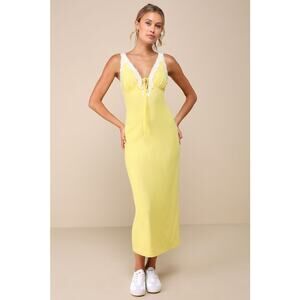 NWT Lulus Ray of Charm Yellow Mesh Lace Sleeveless Midi Dress Romantic Size XS